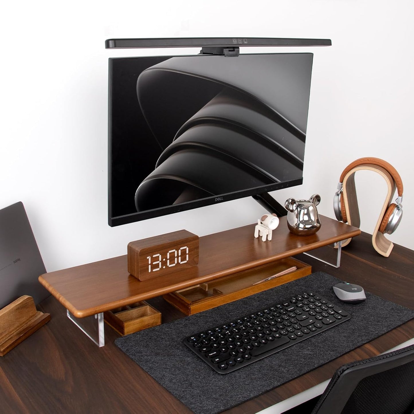 Bamboo Monitor Stand Riser with Acrylic Legs for Desk, 31.5 Inches Desktop Shelf Supports for PC Computer Monitor, Laptops, Printer, Speakers (White)