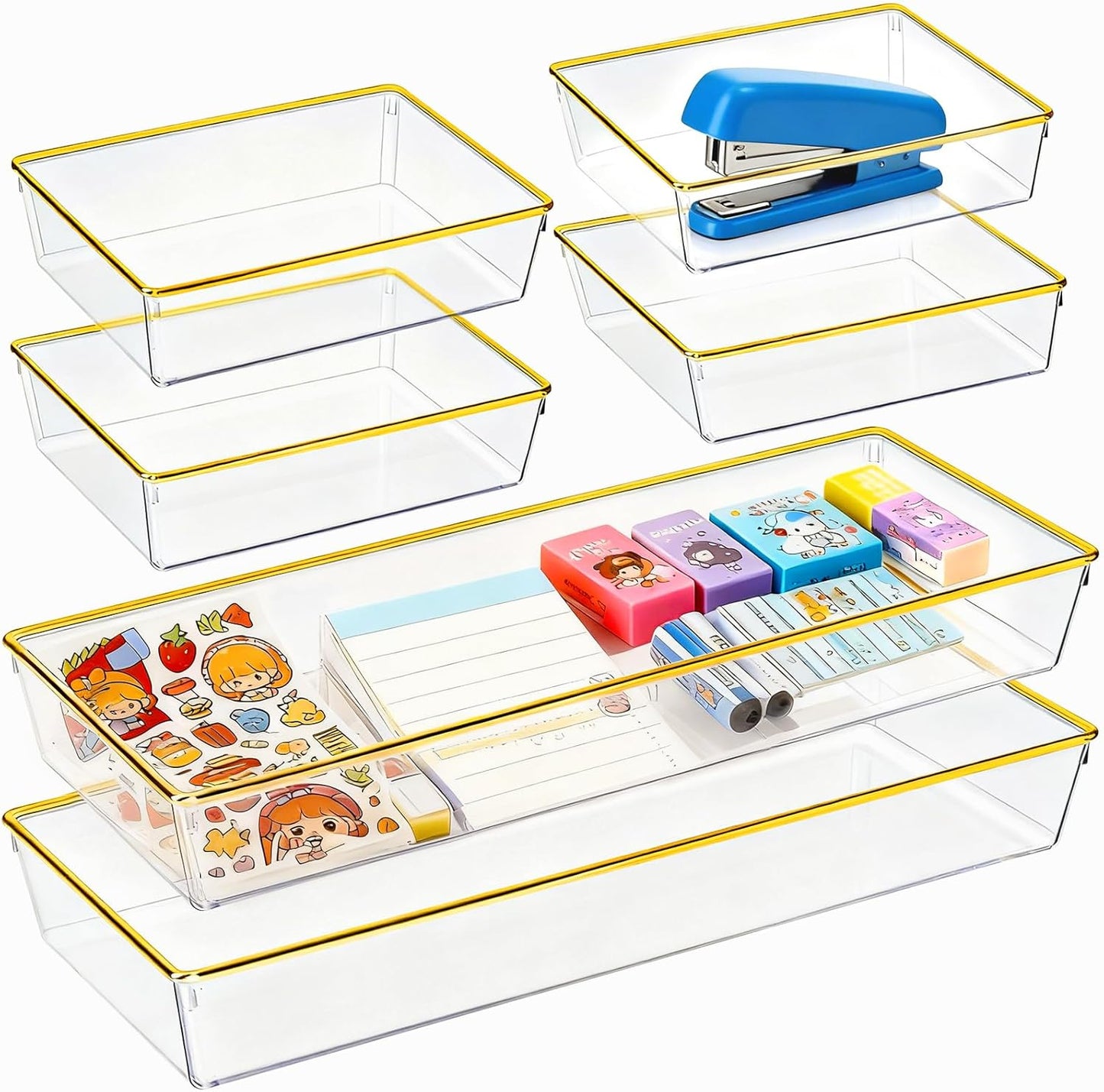 4 Pack Large Size Clear Stackable Drawer Organizer Trays, Gold Rim Makeup Drawer Storage Tray Divider, Desk Storage for Makeup, Jewelry, Bathroom, Stationary, Kitchen Utensils and Office Desk