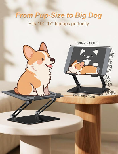 Aoviho Laptop Stand for Desk-Adjustable, Foldable, Portable, Ergonomic Aluminum Notebook Riser with Unique Puppy Cooling Vent, Desk Gift for 10"-17.3" Devices Mac, Dell, HP, Lenovo, Samsung, Gray