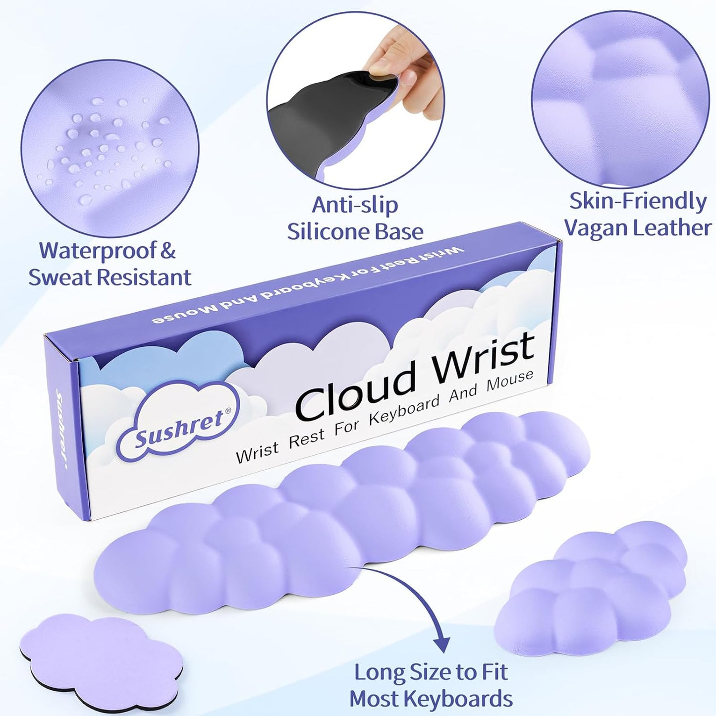 Sushret Cloud Wrist Rest Keyboard, Cloud Keyboard Wrist Pad Set with PU Leather Memory Foam, Cute Arm Rest for Palm Support, PC/Gaming Desk Accessories/Office Setup/Computer Hand Cushion - White