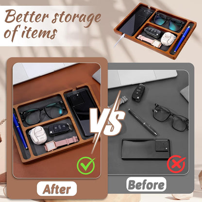 Sandalwood Wooden Valet Trays, Wood Nightstand Desk Organizer with Leather Inlay EDC Essentials Catch All Tray for Keys, Phone, Jewelry, Watch,Glasses (11.6 x 7.9 x 0.8 Inch)