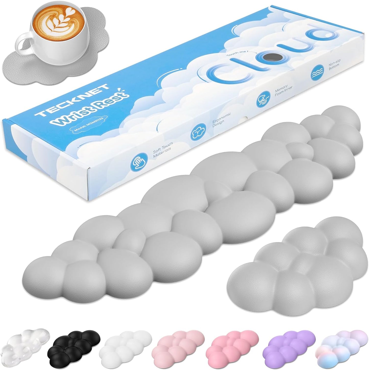 TECKNET Cloud Keyboard Wrist Rest Set, Cloud Wrist Rest with Non-Slip Base, PU Leather Wrist Pad for Keyboard with Ergonomic Memory Foam for Computer Laptop Office Gaming and Pain Relief, White