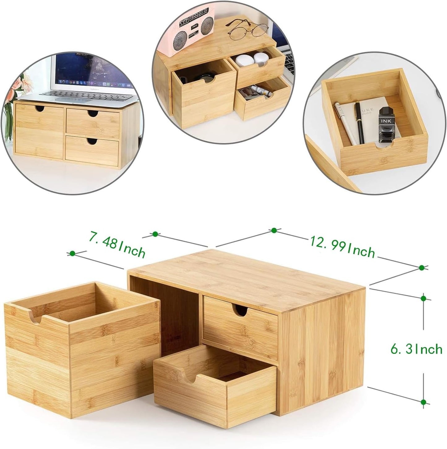Wisuce Bamboo Desk Drawer Organizer, Desktop Organizer with Drawers Tabletop Storage Organization Box for Office Home Toiletries Supplies Vanity, No Assembly Required(3 Drawers-left right)