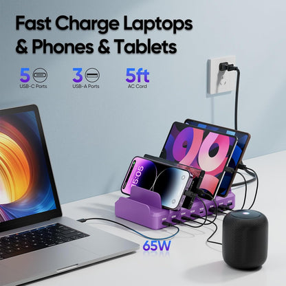 300W Charging Station for Multiple Devices, 8 Port Multi USB C Fast Charger Station Dock for MacBook iPhone 17/16/15/14/13/12 Samsung Pixel Series iPad, Black (6 Mixed Short Cables Included)
