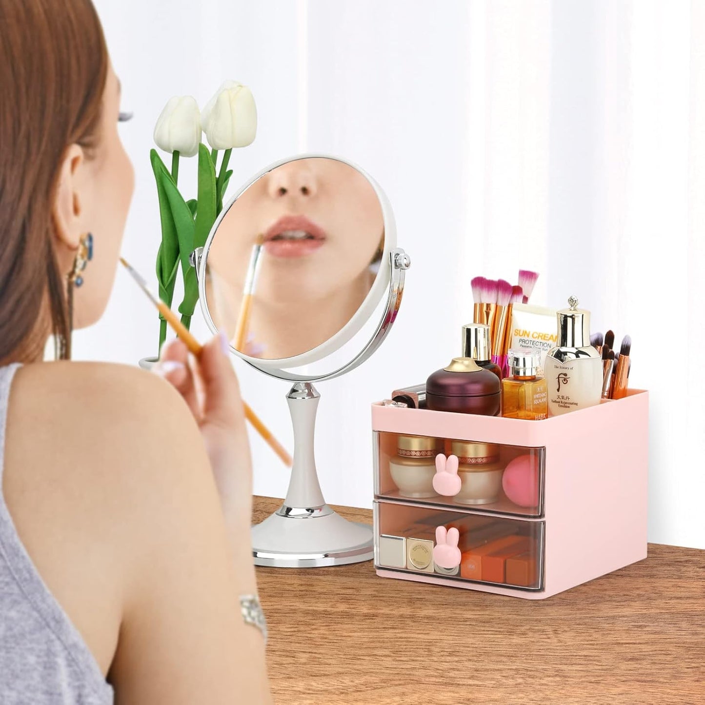 LETURE Small Desk Organizer With Drawer, Office Desktop Storage Box, Business Card/Pen/Pencil/Mobile Phone/Stationery Holder Storage Box, Makeup Organizer for Office School Home (Pink)