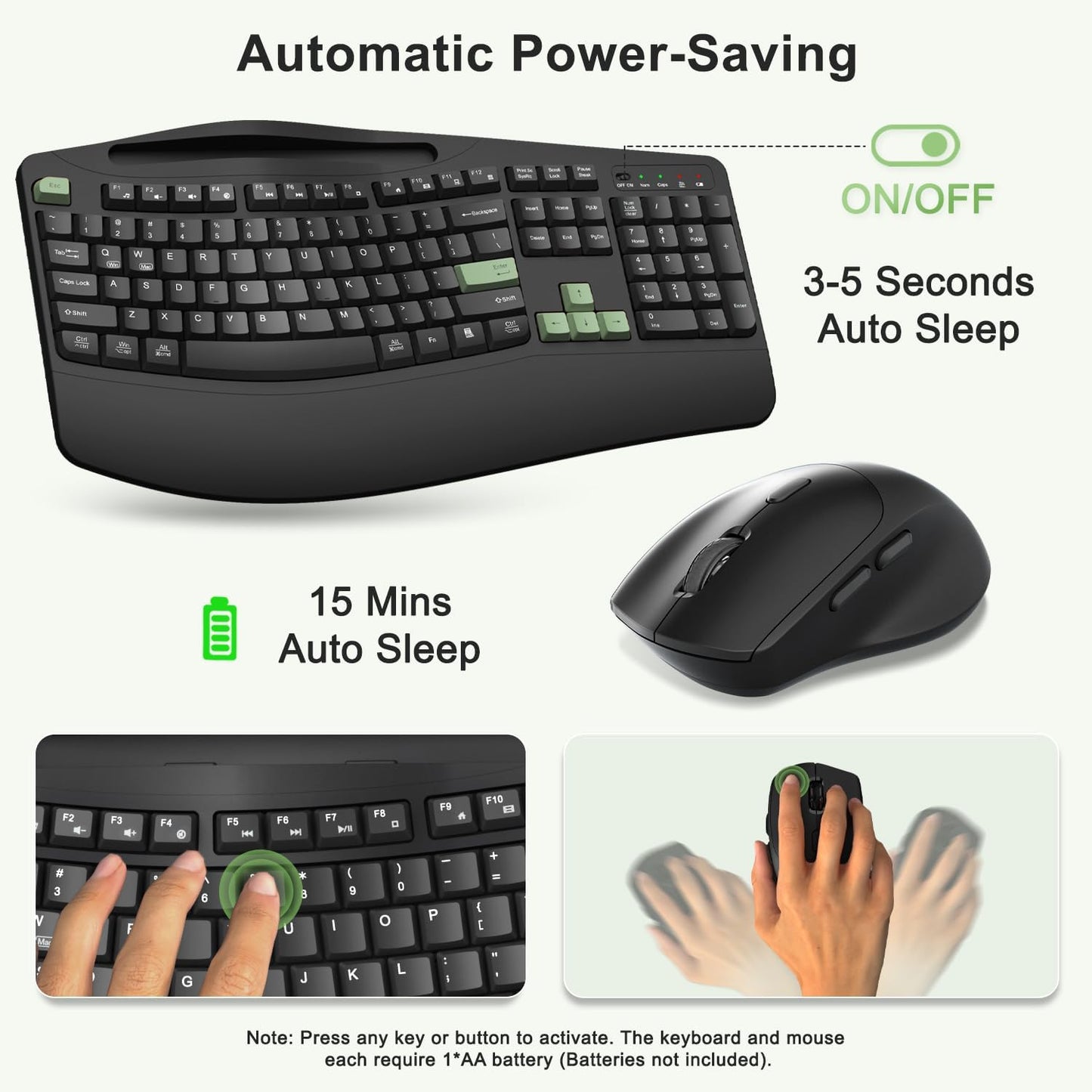 Wireless Keyboard and Mouse Combo, 2.4G Full Size Wave Keys Ergonomic Keyboard with Wrist Rest, Phone Holder, 3-Level DPI Wireless Silent Mouse with 6-Buttons, for Windows, Mac OS, Laptop, PC (Black)
