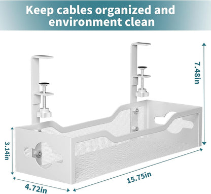 Under Desk Cable Management Tray No Drill, Metal Mesh Cable Management Under Desk with Clamp Mount, 2 Hole Cable Tray with Wire Management and Cord Organizer for Home Office Standing Desk