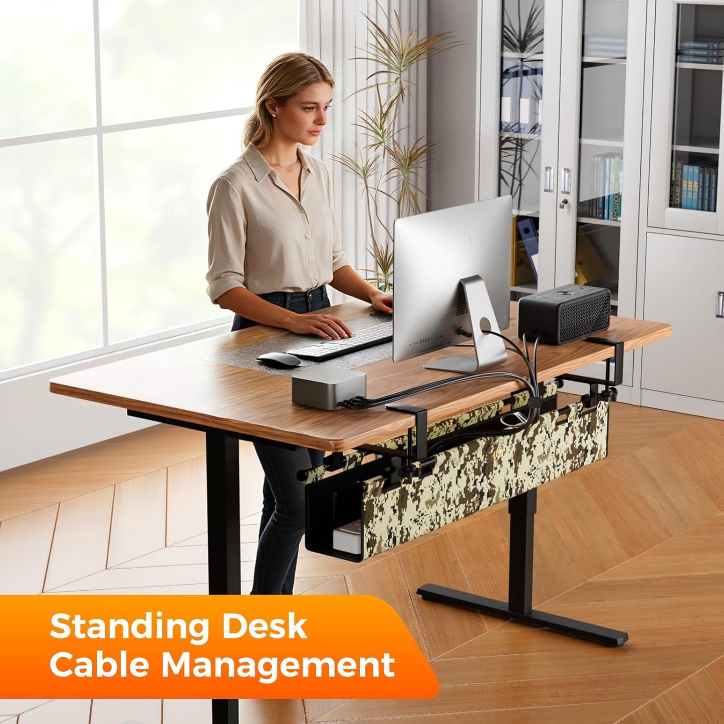 Under Desk Cable Management,No-Drill Standing Desk Cable Organizer with 2 Mounting Options - Clamp Or Screw Mounting,Upgraded Wider & Thickened Cord Holder for Home Office,38.6" L x 6" W