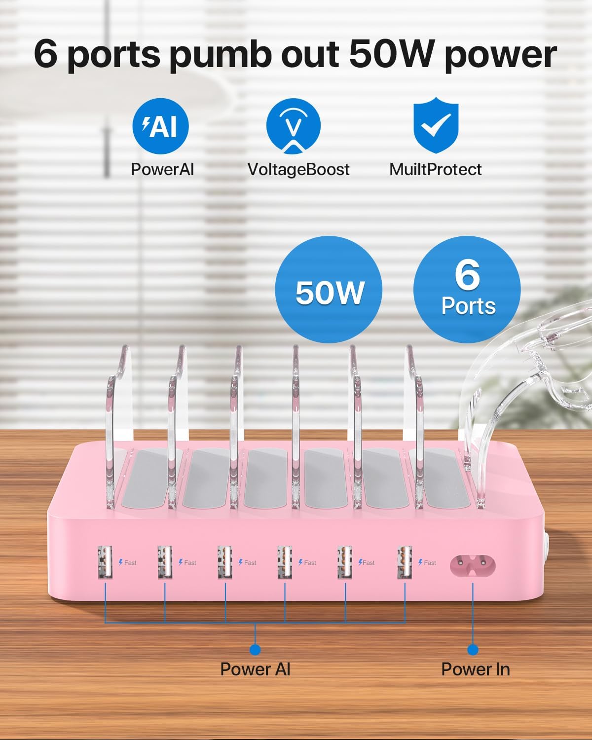 SooPii Premium 6-Port USB Charging Station Organizer for Multiple Devices, 6 Short Charging Cables and One Upgraded i-Watch Charger Holder Included, for Phones, Tablets, and Other Electronics, White