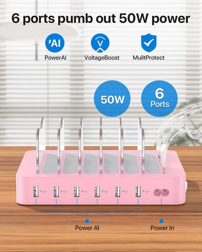 SooPii Premium 6-Port USB Charging Station Organizer for Multiple Devices, 6 Short Charging Cables and One Upgraded i-Watch Charger Holder Included, for Phones, Tablets, and Other Electronics, White