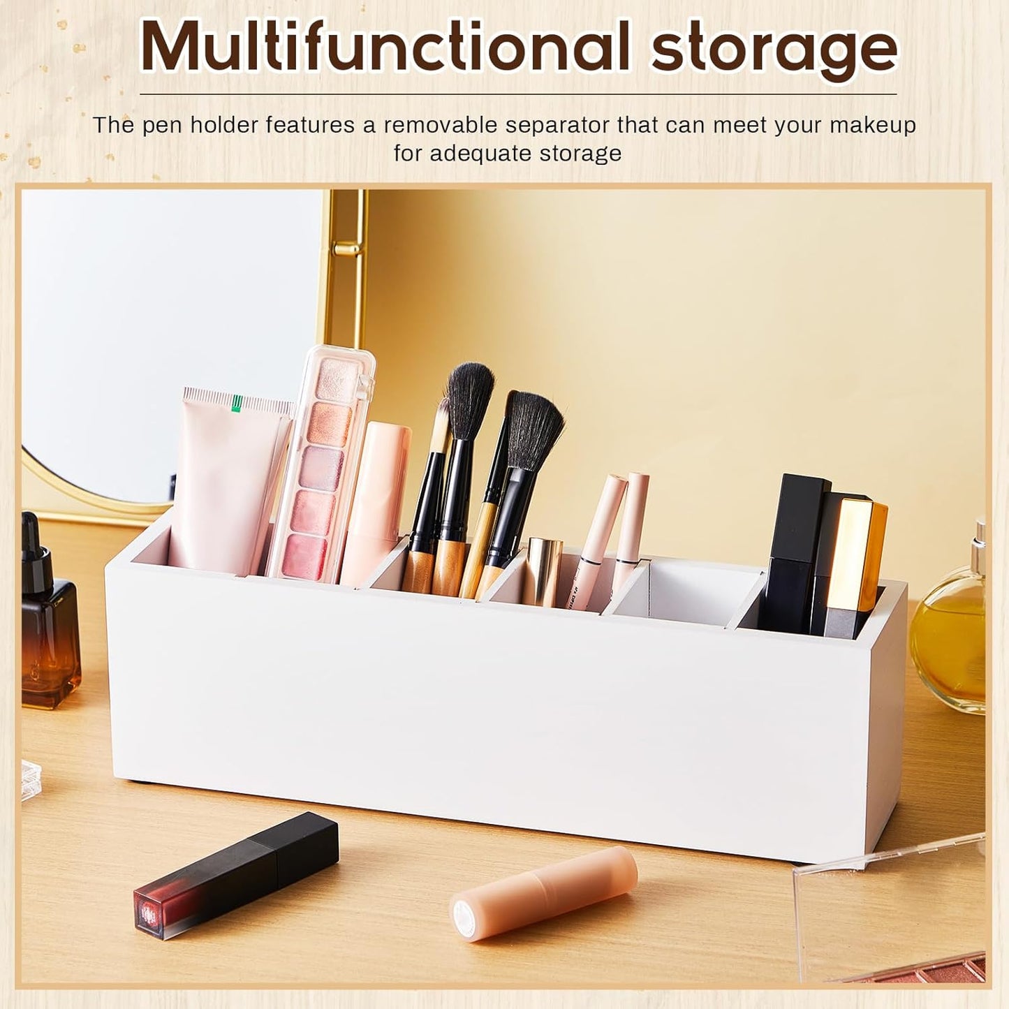 Jetec Wooden Pencil Holder 5 Compartments for Desk Adjustable Pen Holder Wood Office Desk Organizers and Accessories Makeup Brush Organizer for Pen, Home, Office and Art Supplies (White)