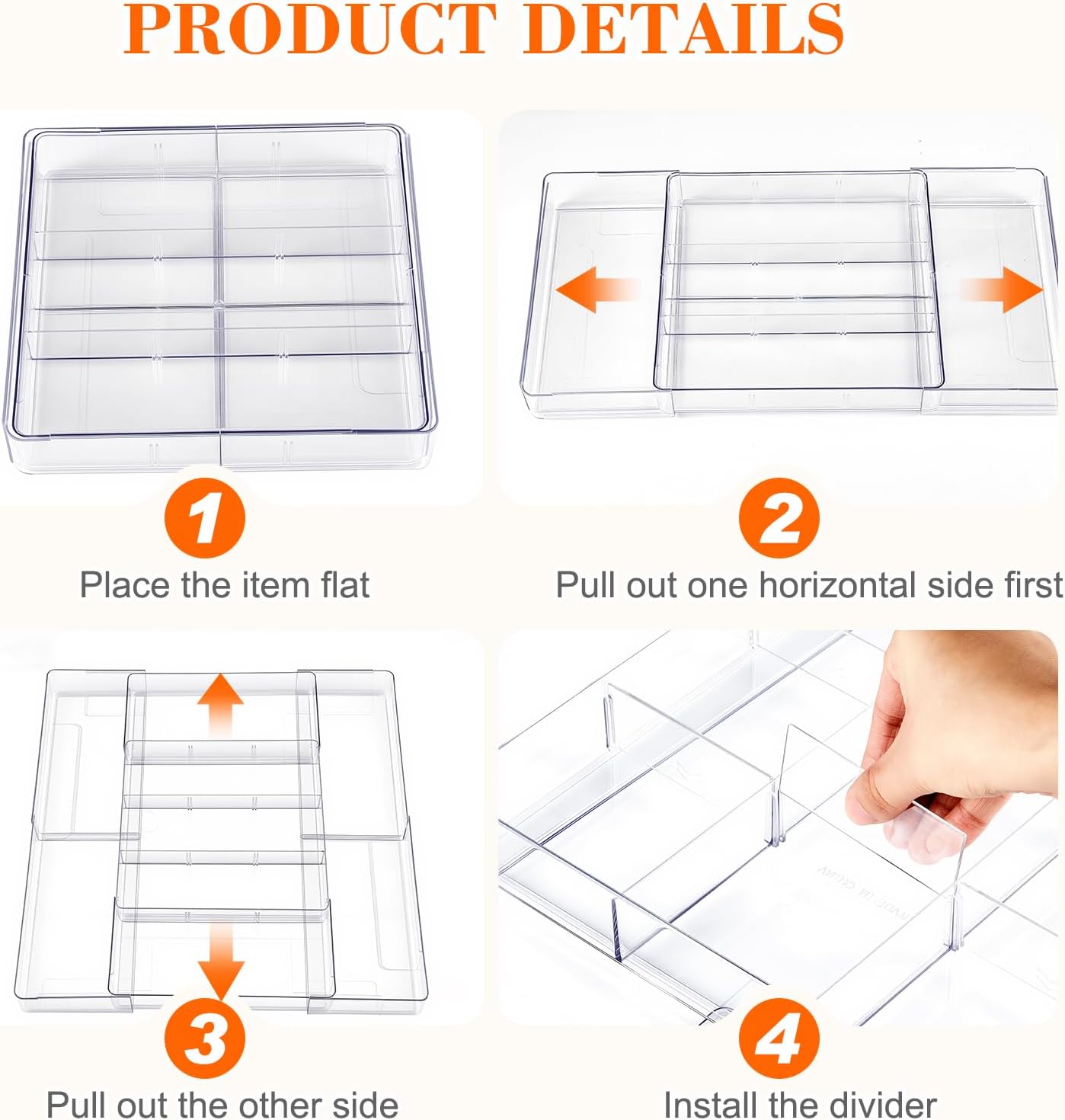 Briwooody 1 Pcs Large Expandable Acrylic Drawer Organizers, Grid Adjustable Drawer, Dividers Organizer for Desk, Makeup, Jewelry, Office, Kitchen Supplies (Clear,5 Compartments)