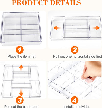 Briwooody 1 Pcs Large Expandable Acrylic Drawer Organizers, Grid Adjustable Drawer, Dividers Organizer for Desk, Makeup, Jewelry, Office, Kitchen Supplies (Clear,5 Compartments)