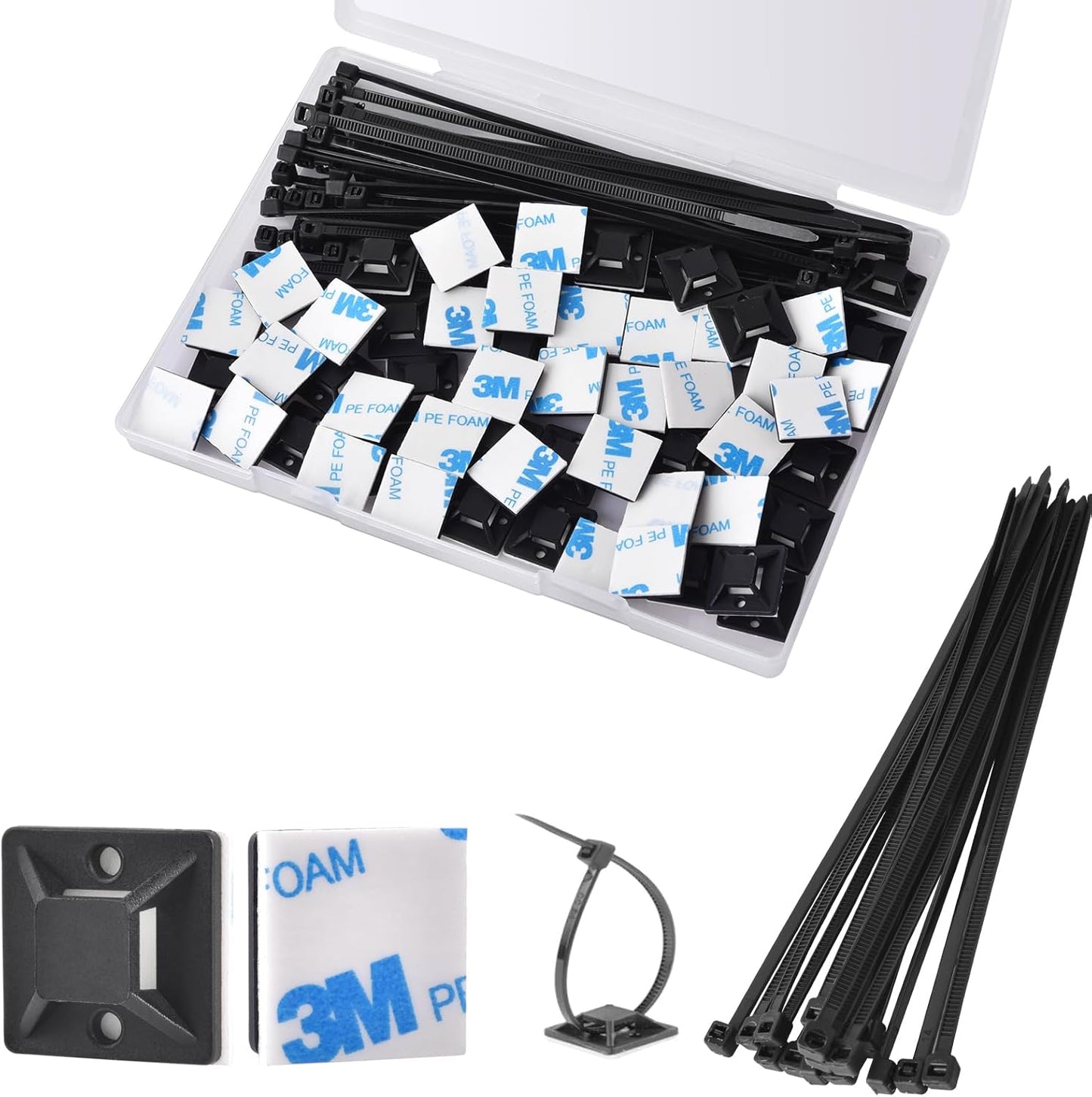 Strong Back-Glue Self Adhesive Cable Zip Tie Mounts Kit - 50 Set Cable Management Clips with 6" Zip Ties, Wire Holders - Outdoor Sticky Wire Organizer Clips-White