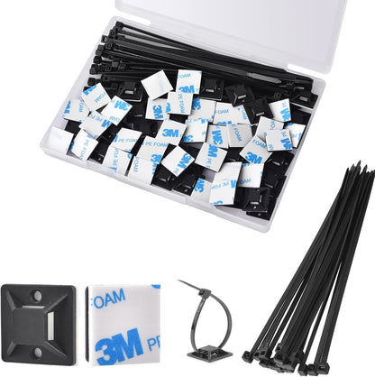 Strong Back-Glue Self Adhesive Cable Zip Tie Mounts Kit - 50 Set Cable Management Clips with 6" Zip Ties, Wire Holders - Outdoor Sticky Wire Organizer Clips-White