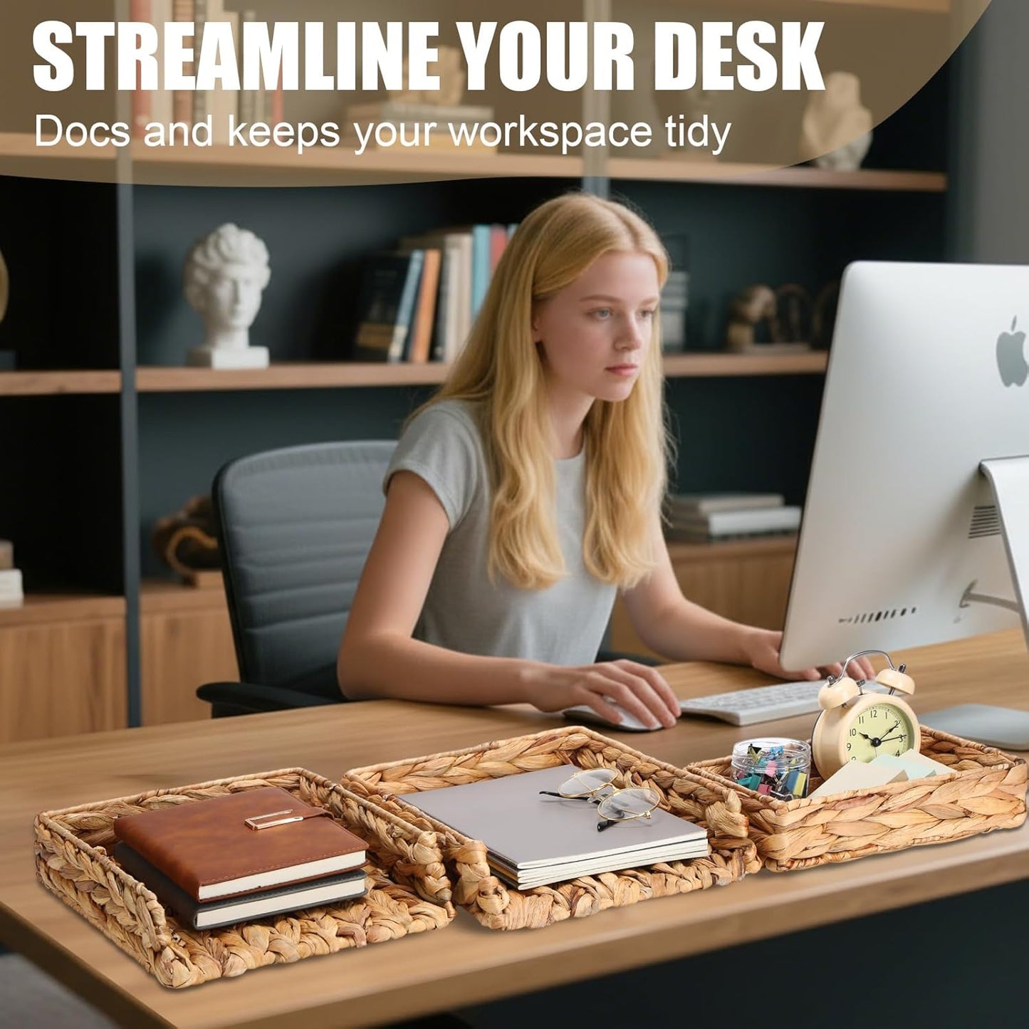 Geelin 3 Pack Water Hyacinth Woven Stackable Desk Organizer Letter Tray, Brown Tabletop Desk Basket for Storage Paper Letter Folders Notebooks Copy Print, Workspace Holder