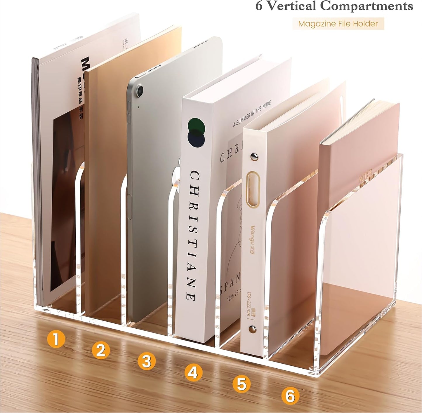 YUXUN Acrylic Magazine Holder,Clear Desk Organizer File Sorter for Notebook,Paper,Envelope,Magazine, Book Storage-Office/Home/Classroom Organization(4 Compartments,B5)