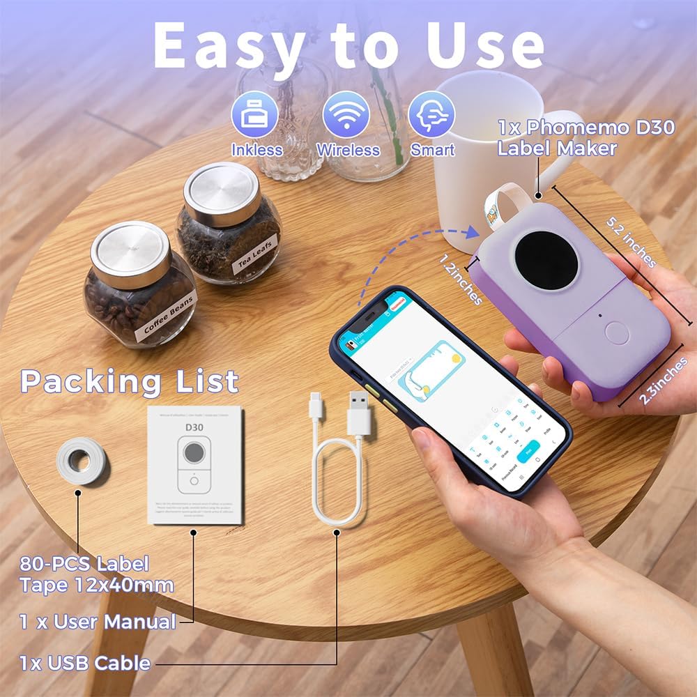 Phomemo Label Maker, D30 Portable Bluetooth Label Maker Machine with Tape, Small Mini Label Printer, Multiple Templates Fonts Icon Labeler for Home, School, Office