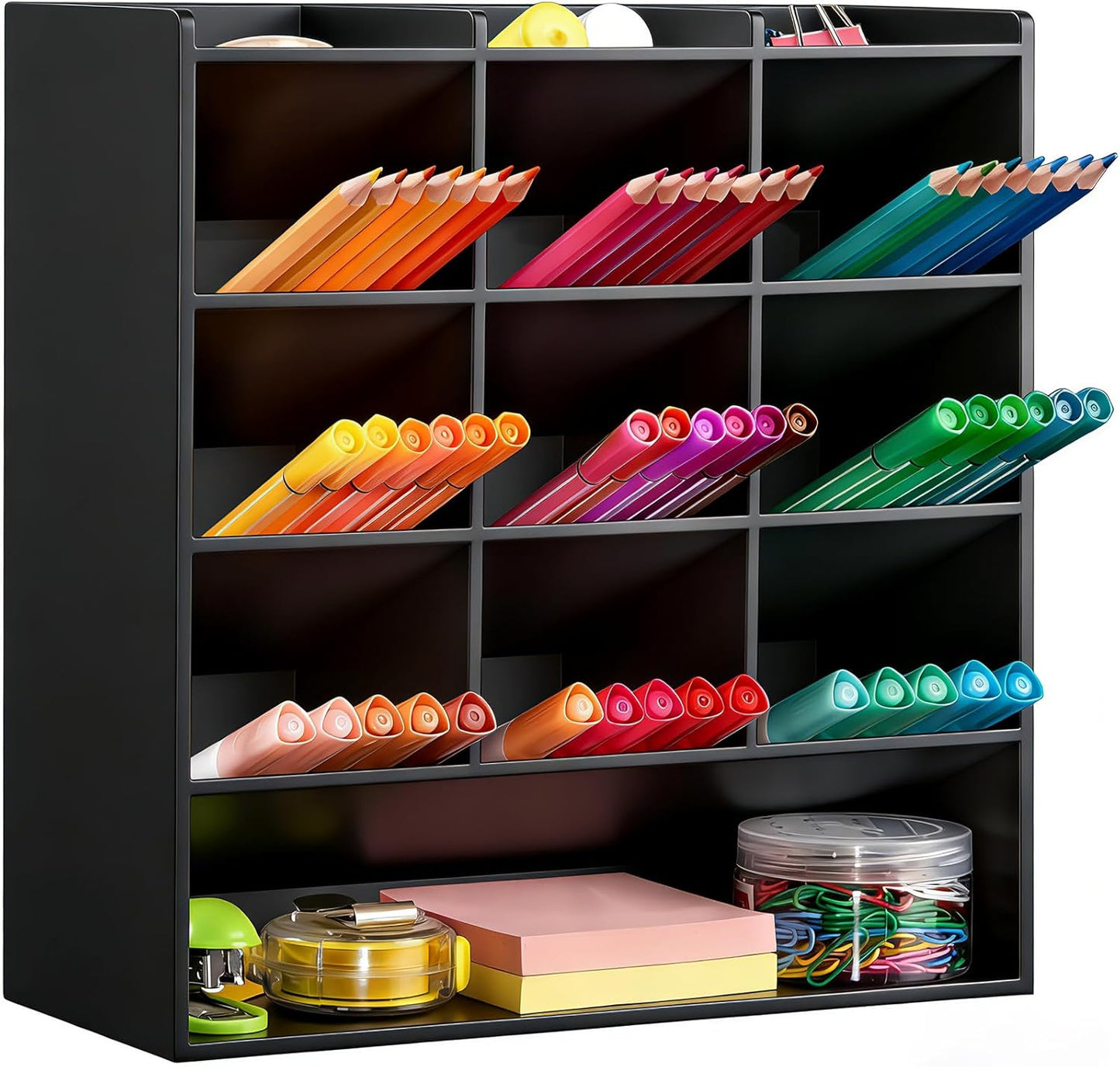 BEYGORM Acrylic Vertical Marker Organizer for 150 Markers with 13 Compartments, Clear Angled Pen & Pencil Holder, Large Desk Stationery & Art Supply Storage for Office & School (10.2 x 9.8 x 4 Inch)