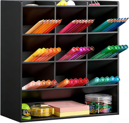 BEYGORM Acrylic Vertical Marker Organizer for 150 Markers with 13 Compartments, Clear Angled Pen & Pencil Holder, Large Desk Stationery & Art Supply Storage for Office & School (10.2 x 9.8 x 4 Inch)