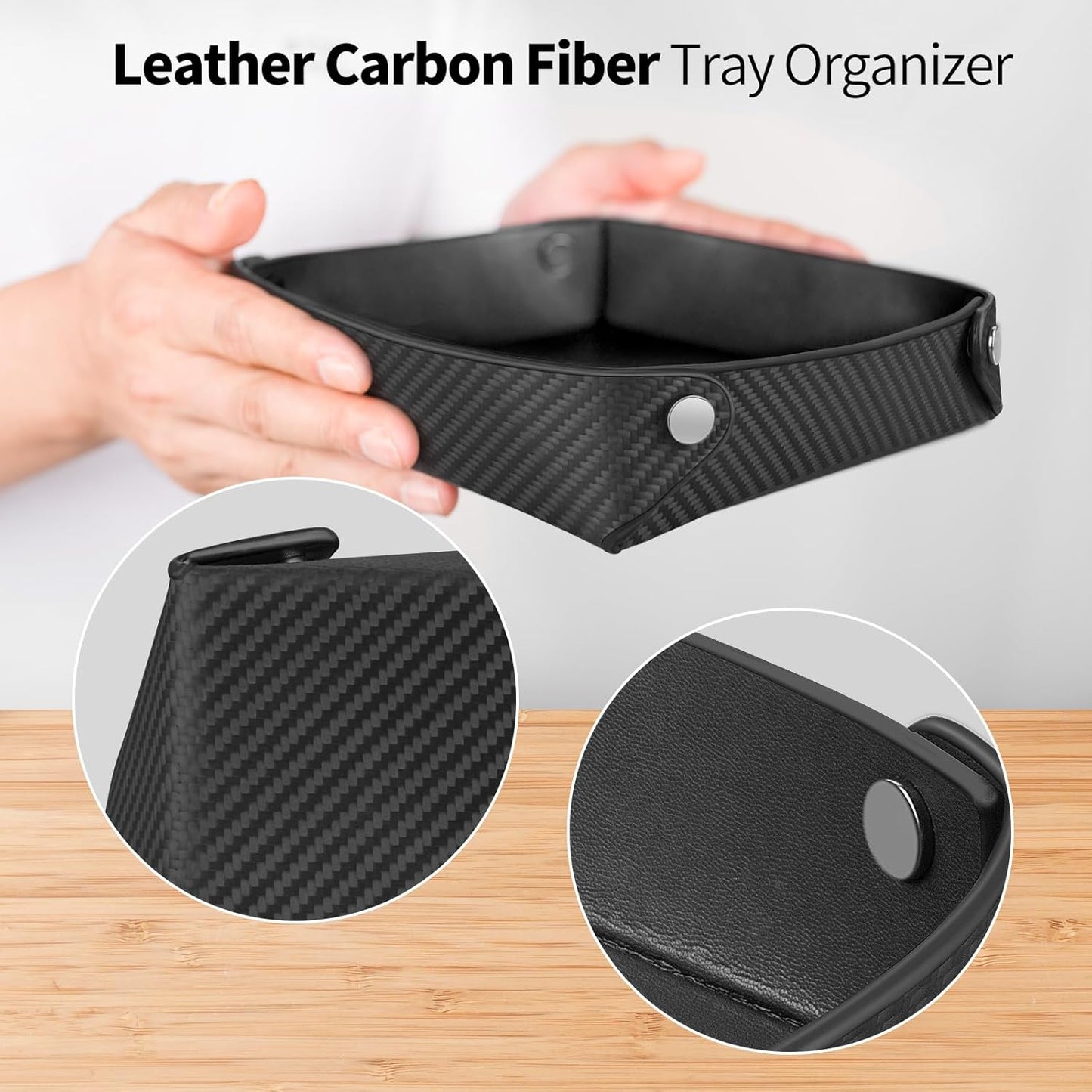 Leather Catchall Tray for Men, Valet Tray Organizer for Wallet, Keys, Accessories,Leather Carbon Fiber Desktop Storage Tray,Red