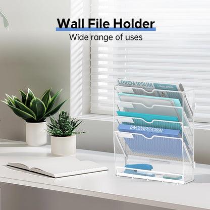 5 Tier Wall File Organizer - Hanging File Organizer with 5 Hooks, Mail Holder Wall Mounted for Papers, Folders, Magazines, Bills, Office&School Organization, Black