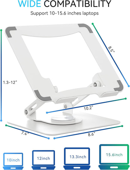 SOUNDANCE 360 Rotating Laptop Stand, Ergonomic Computer Riser for Desk, Adjustable Height Multi-Angle Metal Holder, Foldable Portable Notebook Elevating Base for Office & Home, Silver Grey
