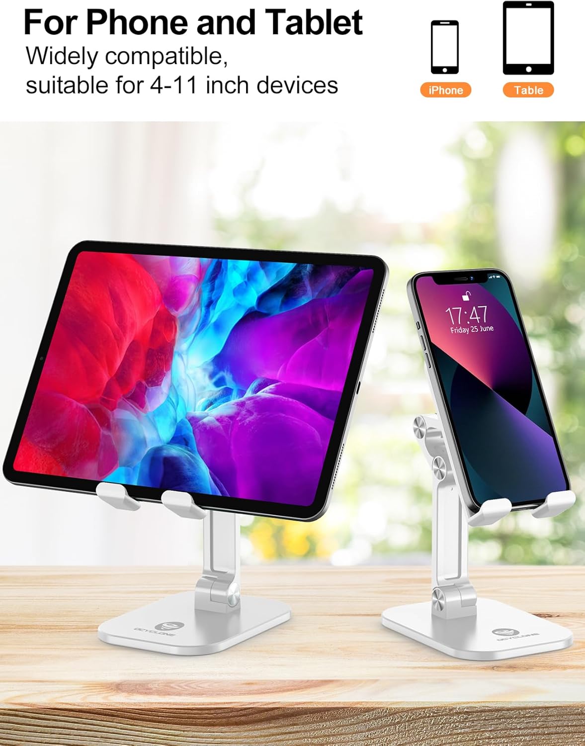 OCYCLONE Phone Stand, Adjustable Height and Angle Foldable Cell Phone Stand Holder for Desk, Taller iPhone Stand Compatible with 4.7"-13" Smartphones iPad Tablet, Black