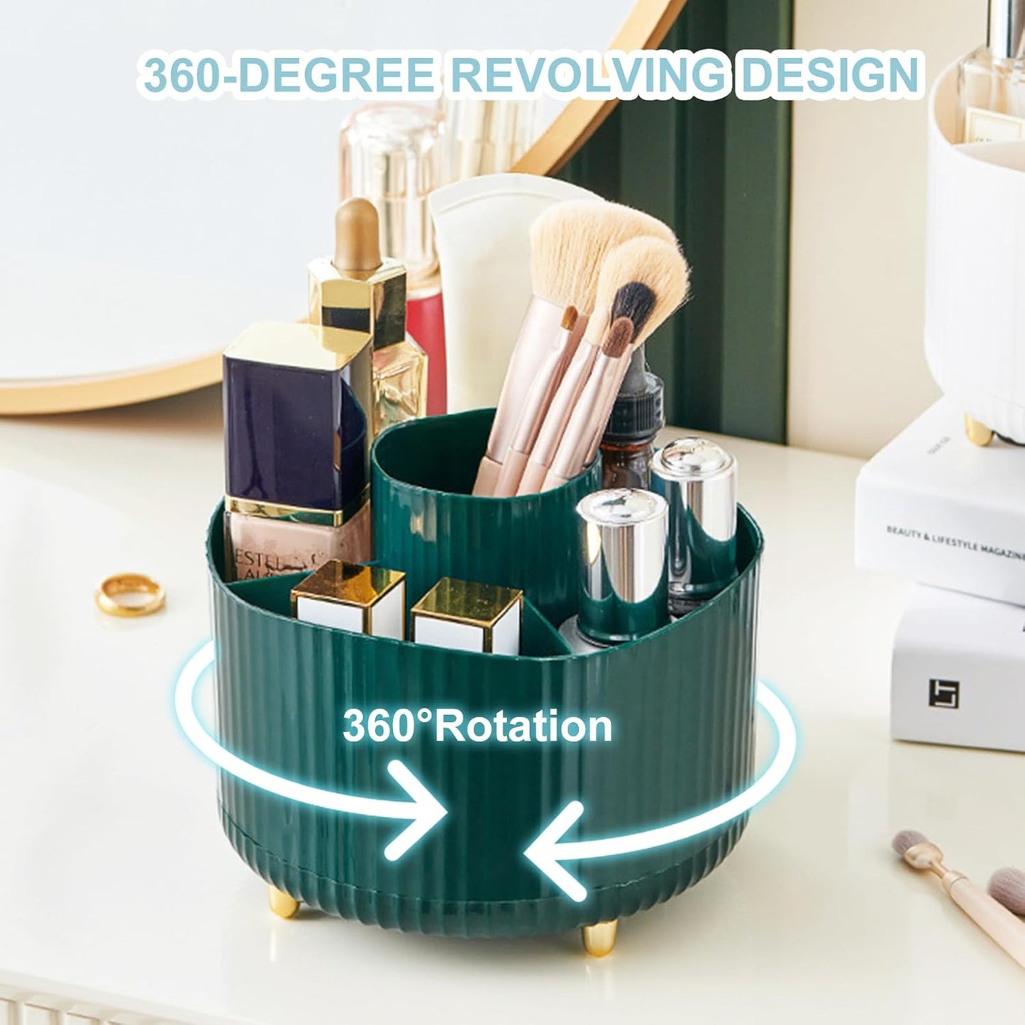 Cayxenful Pencil Holder For Desk,5 Slots 360°Degree Rotating Desk Organizers And Accessories,Desktop Storage Stationery Supplies Organizer, Cute Pencil Cup Pot For Office, School, Home (B-White)