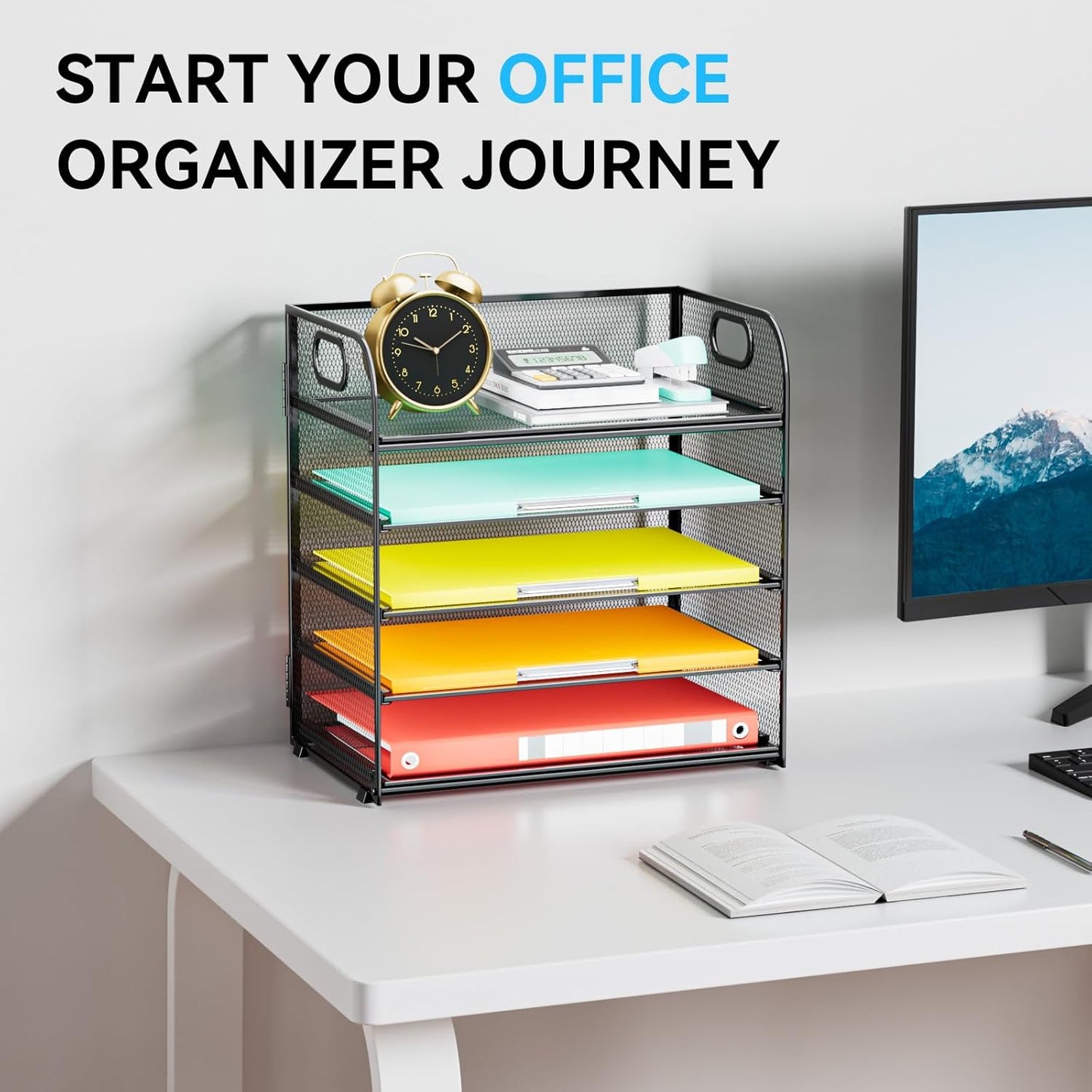 Paper Organizer Letter Tray with Handle, 5-Tier Black Stackable Desk Organizer with Metal Mesh, Sturdy Paper Tray for Office Desk, Home & Classroom Supplies Storage