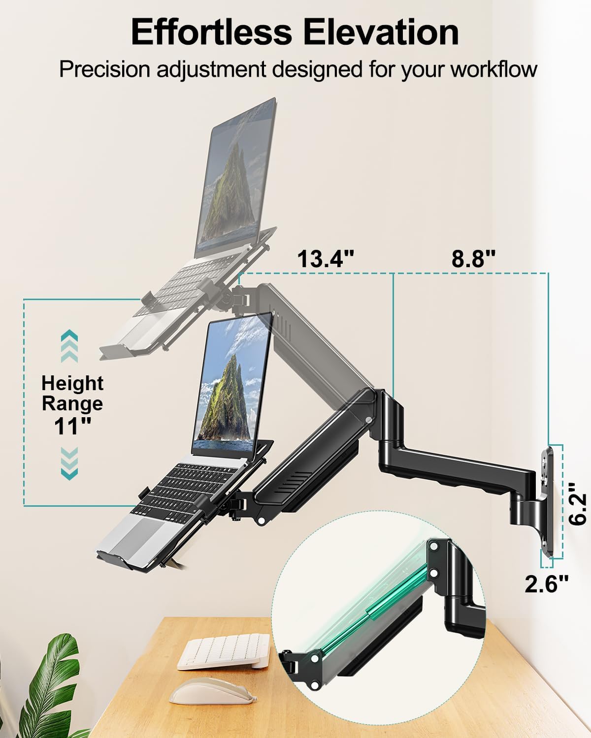 MOUNT PRO Laptop Wall Mount, 2-in-1 Monitor Wall Mount with Vented Tray for 11-17" Notebook/13-32 Computer Screen, Full Motion Adjustable Laptop Holder Stand, Gas Spring Laptop Arm Holds 4.4-22 lbs