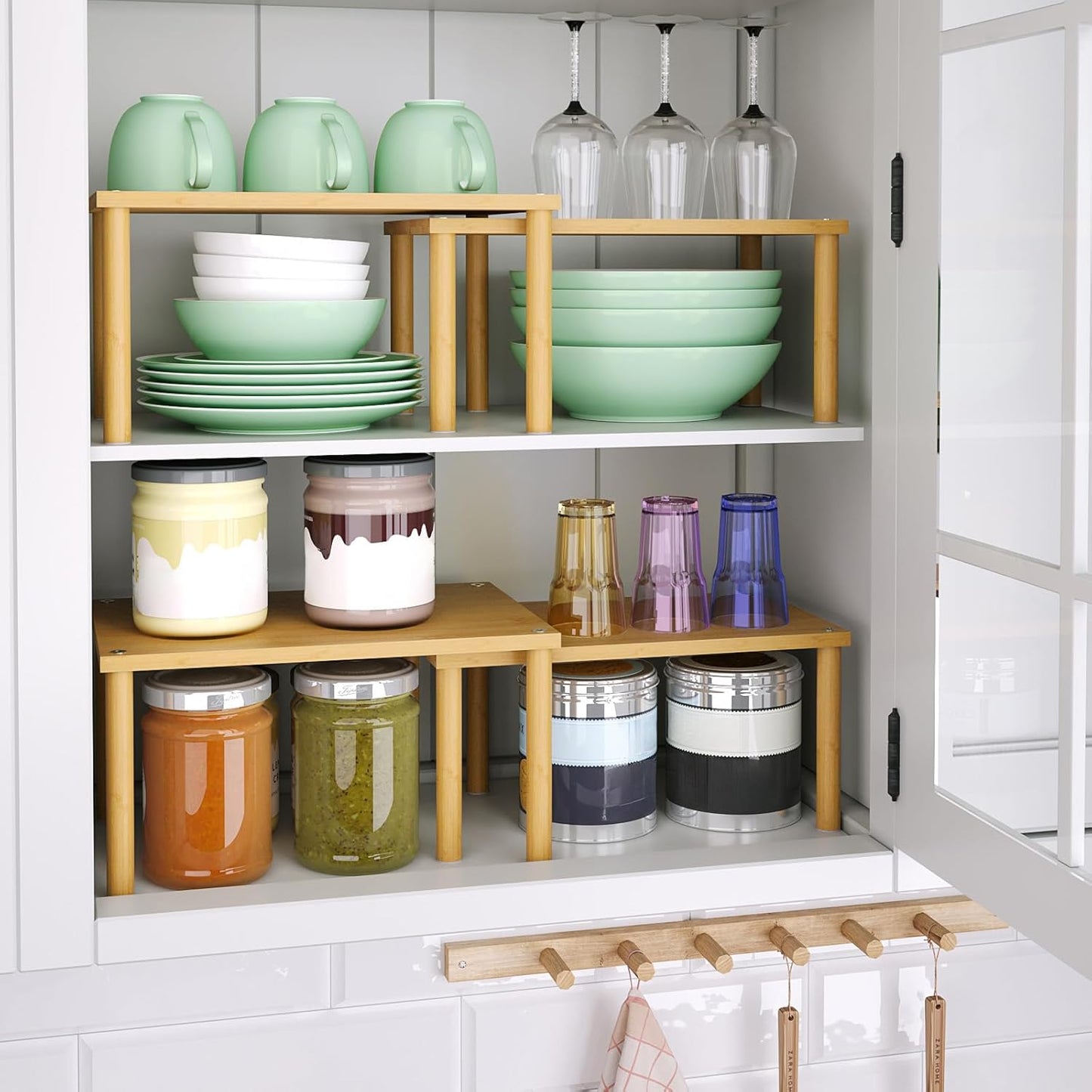 VERTORGAN Cabinet Organizer Shelf(Set of 2),Kitchen Counter Shelves,Bamboo Stackable Expandable Spice Rack Countertop(Medium)