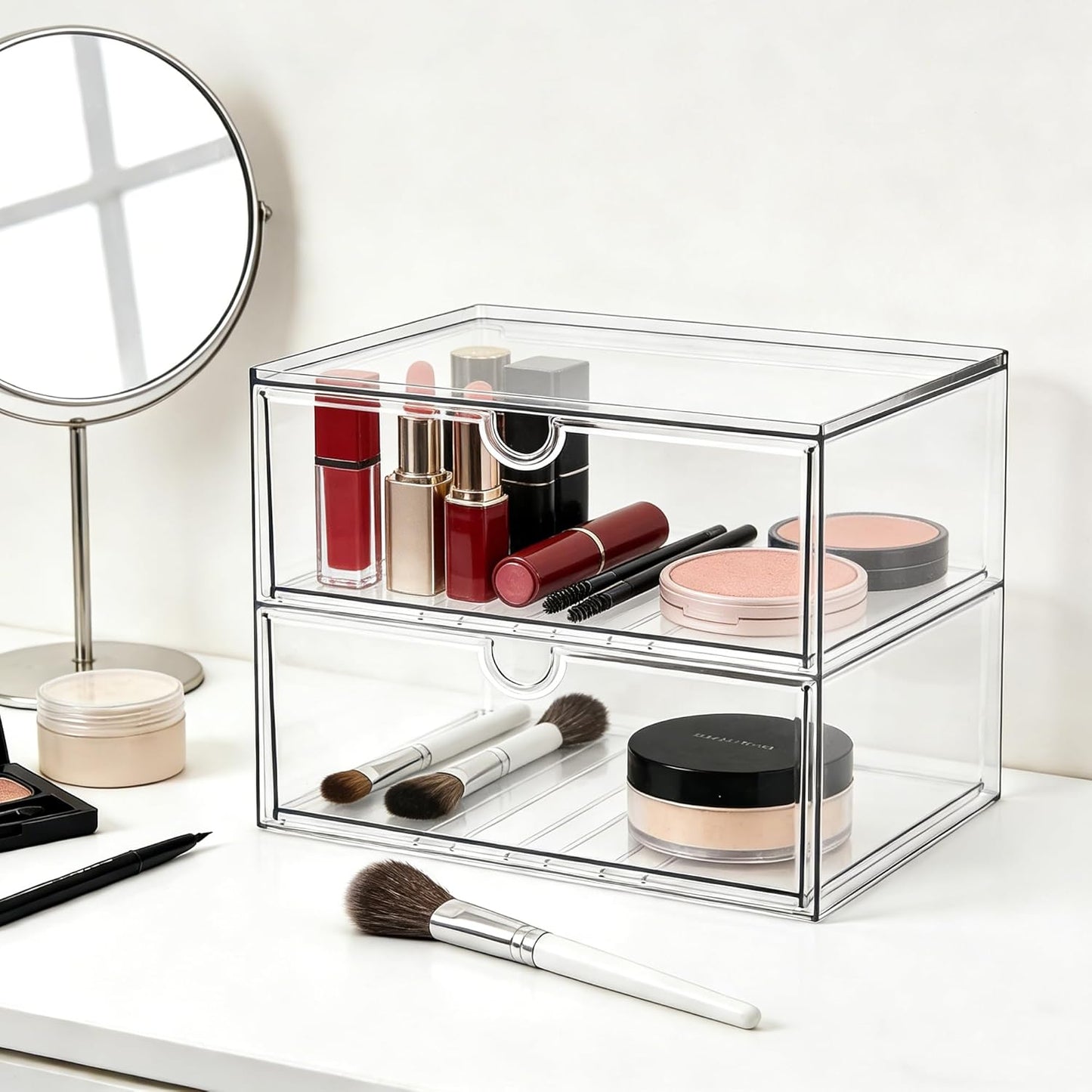 Prsildan Acrylic Makeup Organizer, 2 Pack Stackable Storage Drawers with 6 Drawers for Office Desk Vanity Craft Room Clear Drawer Organizers for Hair Accessories Art Supplies Cosmetics Modular System