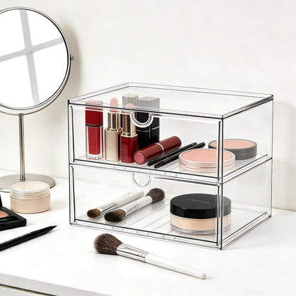 Prsildan Acrylic Makeup Organizer, 2 Pack Stackable Storage Drawers with 6 Drawers for Office Desk Vanity Craft Room Clear Drawer Organizers for Hair Accessories Art Supplies Cosmetics Modular System