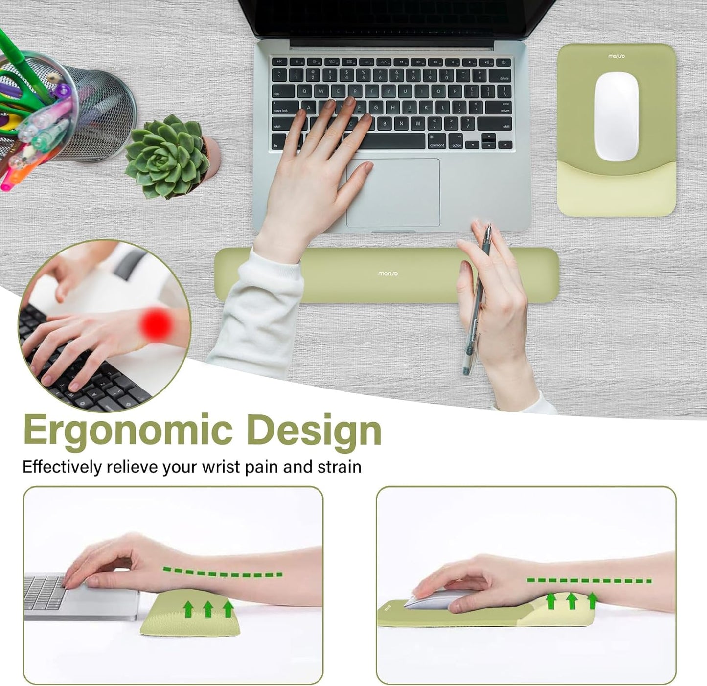 MOSISO Wrist Rest Support for Mouse Pad&Keyboard Set, Rectangular Ergonomic Mousepad Non-Slip Base Home/Office Pain Relief&Easy Typing Pad with Neoprene Cloth&Raised Silicone Lining, Green
