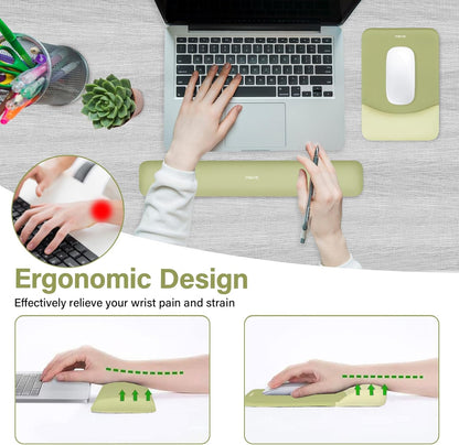MOSISO Wrist Rest Support for Mouse Pad&Keyboard Set, Rectangular Ergonomic Mousepad Non-Slip Base Home/Office Pain Relief&Easy Typing Pad with Neoprene Cloth&Raised Silicone Lining, Green