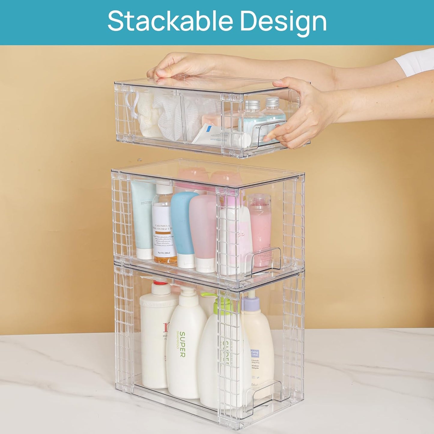 Vtopmart 3 Pack Stackable Storage Drawers, Easily Assemble Acrylic Bathroom Undersink Organizers,Clear Plastic Storage Bins for Closet,Cabinet,Pantry,Medicine Organization