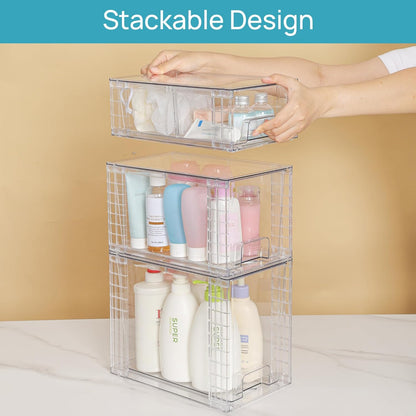 Vtopmart 3 Pack Stackable Storage Drawers, Easily Assemble Acrylic Bathroom Undersink Organizers,Clear Plastic Storage Bins for Closet,Cabinet,Pantry,Medicine Organization