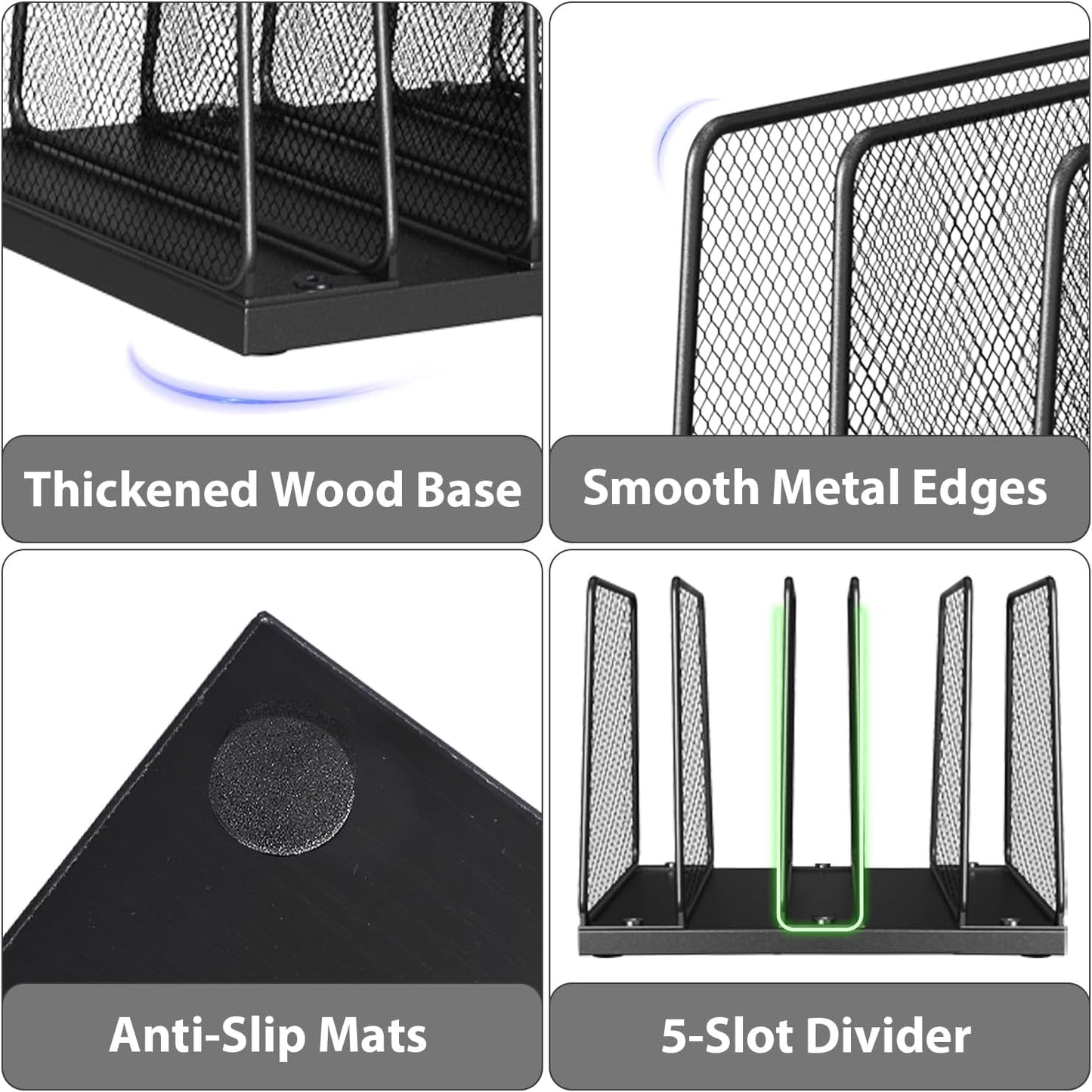 LEKETREE Desk File Organizer, 5-Section Upright File Sorter, Vertical File Folder Holder, Mesh Metal Wood Office Desktop Organization for Document, Magazine, Books and more (Wood and Black)