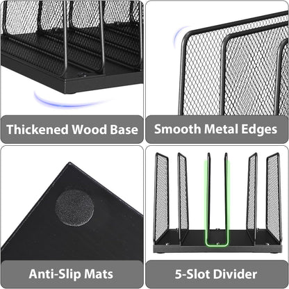 LEKETREE Desk File Organizer, 5-Section Upright File Sorter, Vertical File Folder Holder, Mesh Metal Wood Office Desktop Organization for Document, Magazine, Books and more (Wood and Black)