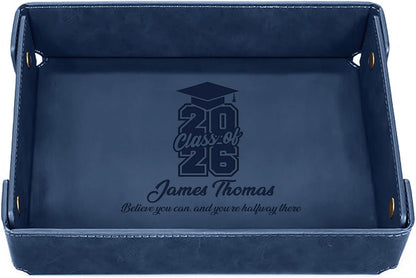 Engraved Leather Valet Tray for Men – Personalized Catchall with Custom Name for Desk, Dresser, Nightstand – Men's Organizer Tray for Keys, Wallet, Jewelry, Personalized Gift for Home, Office - Coffee