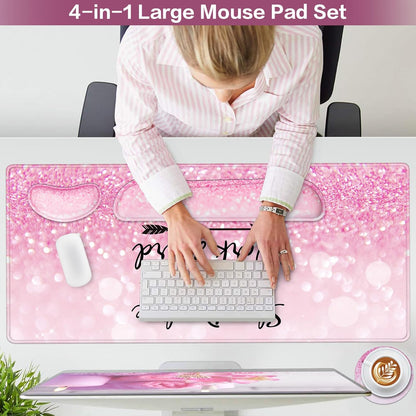 Desk Mat, Large Gaming Mouse Pad with Wrist Rest, 4in1 XXL Mousepad+Keyboard Wrist Rest+Mouse Pad Wrist Support+Cup Coaster Set Ergonomic Floral Computer Desk Arm Wrist for Decor Home Office Women