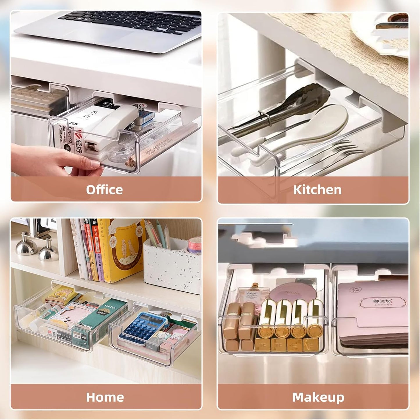 2Pcs Under Desk Storage Drawers Slide Out,Large&Medium, Stick On Desk Drawer Organizer Hidden Under Table Drawer for Home Office School Organization and Storage-Transparent Black