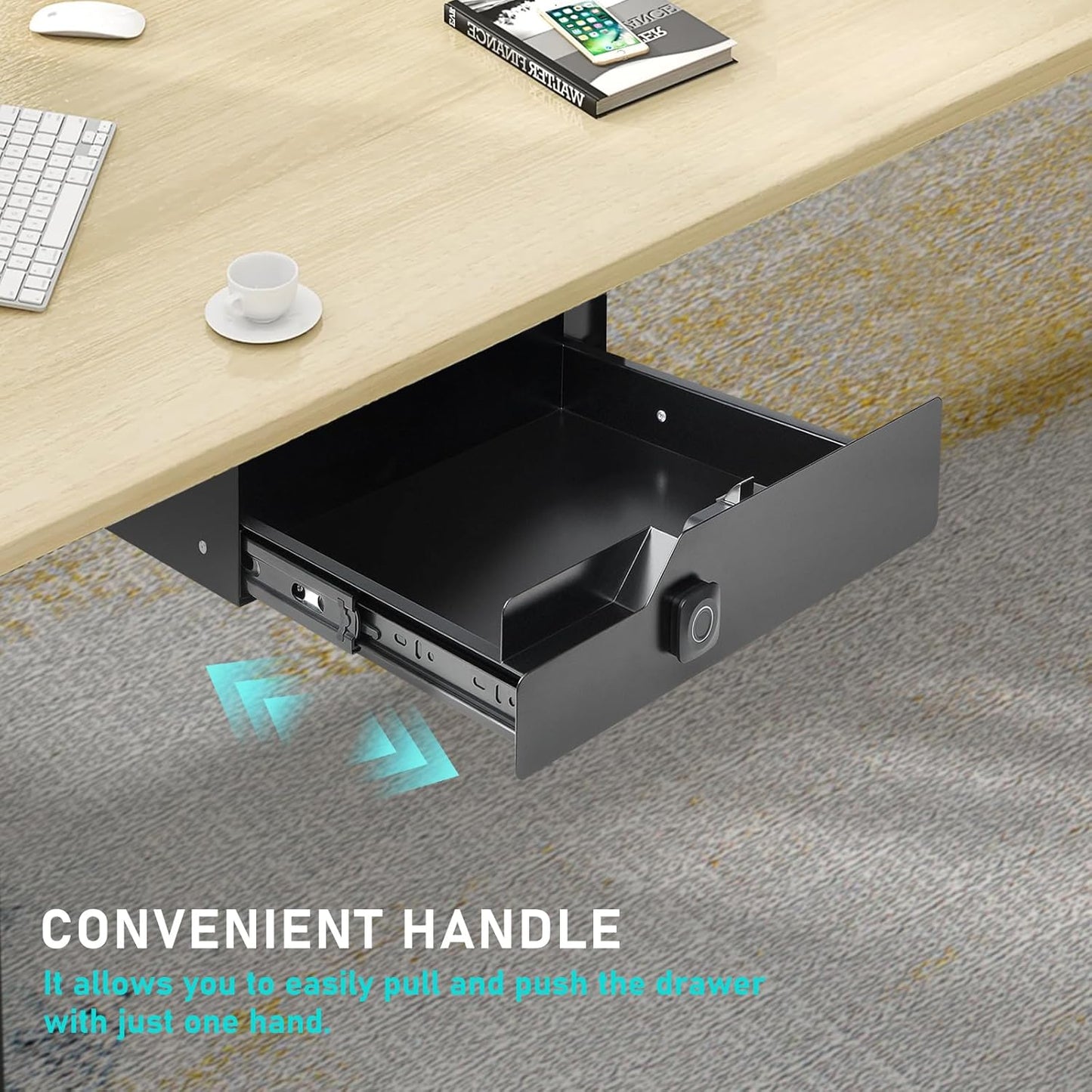 Under Desk Drawer Storage with Lock, Metal Undermount Table Drawer, Ball Bearing Slides Out Tray Organizer for Paper, Pencil, and Laptop 16"x11.8"x3.6", White