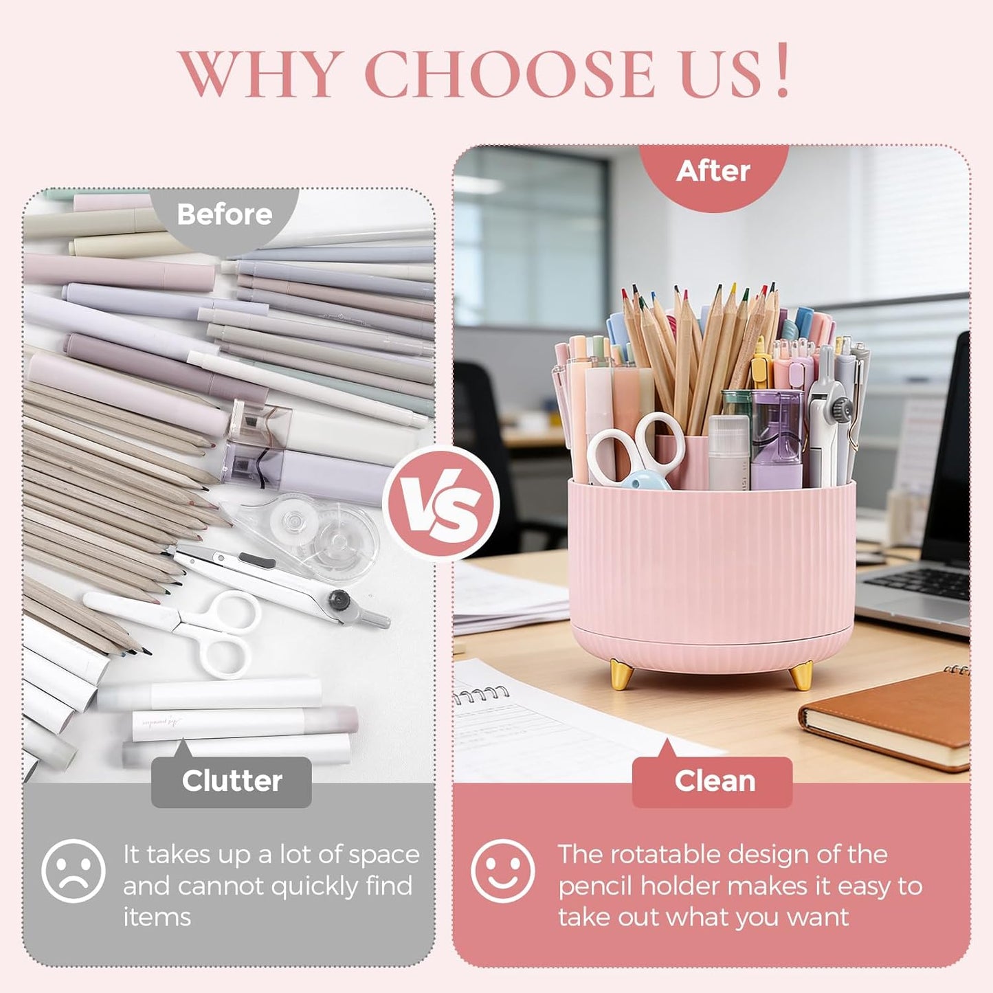 KONVINIT Pencil Pen Holder for Desk, 5 Slots 360 - Degree Rotating Desktop Organizer, Cute Desk Organizers and Accessories for School, Home, Office and Art Supply, Beige