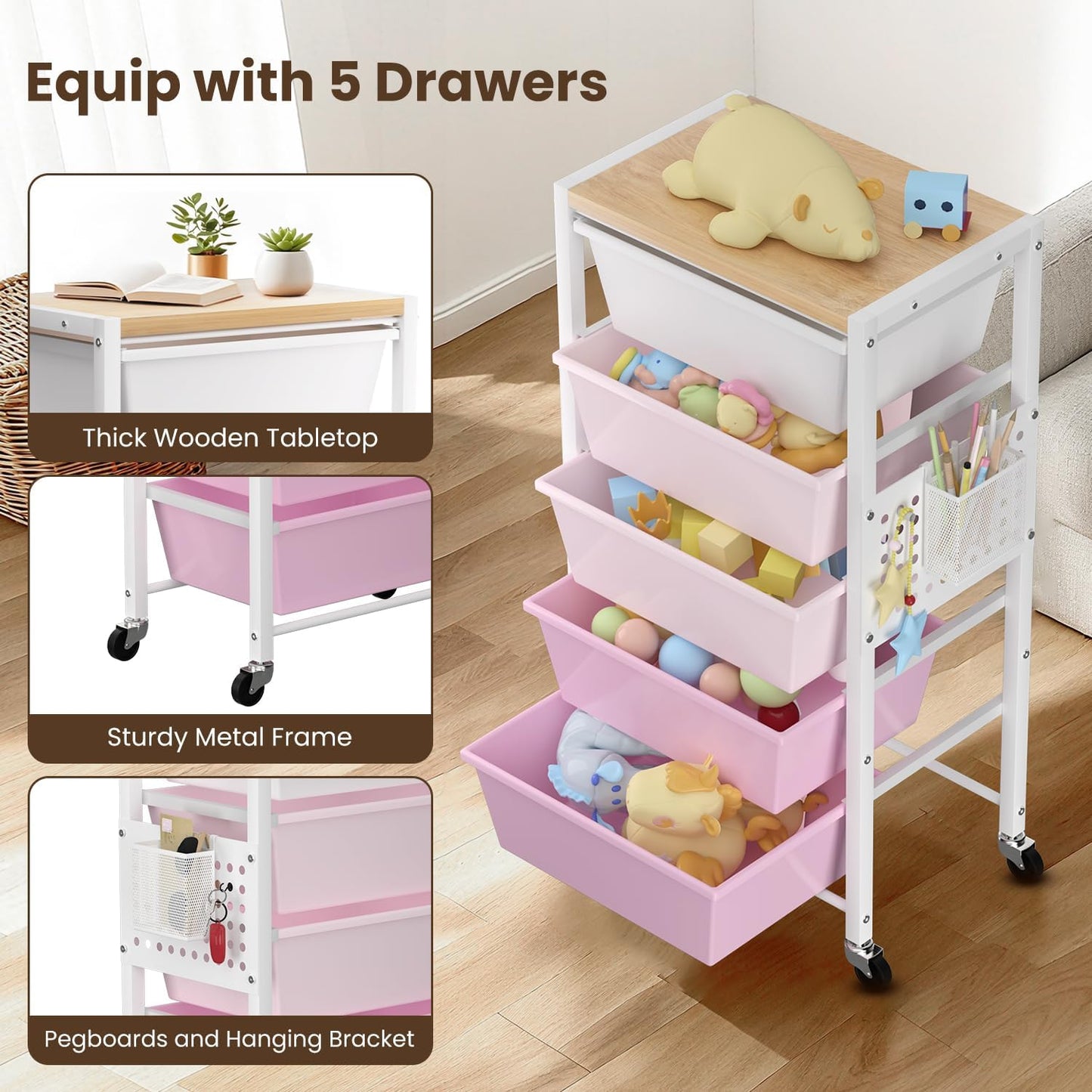 Rolling Cart with 3 Drawers, Plastic Drawer Storage Carts with Lockable Wheels & Wooden Tabletop, Metal Utility Cart Organizer, Office Bedroom Classroom Craft Organization and Storage, Bright White