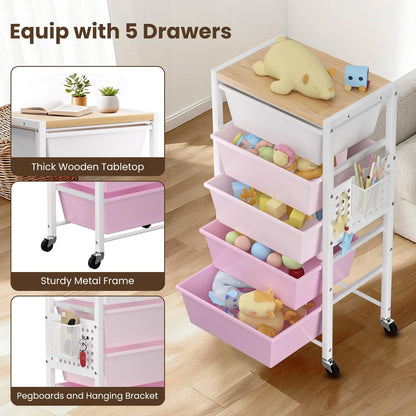 Rolling Cart with 3 Drawers, Plastic Drawer Storage Carts with Lockable Wheels & Wooden Tabletop, Metal Utility Cart Organizer, Office Bedroom Classroom Craft Organization and Storage, Bright White