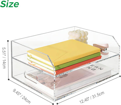 2-Tier Clear Acrylic Paper Trays, Desk File Organizer, A4 Paper Holder, Low-Profile Desk File Sorter for Office/Home, Clear Stackable Letter Tray for Bills, Crafts, Notebooks - Horizontal