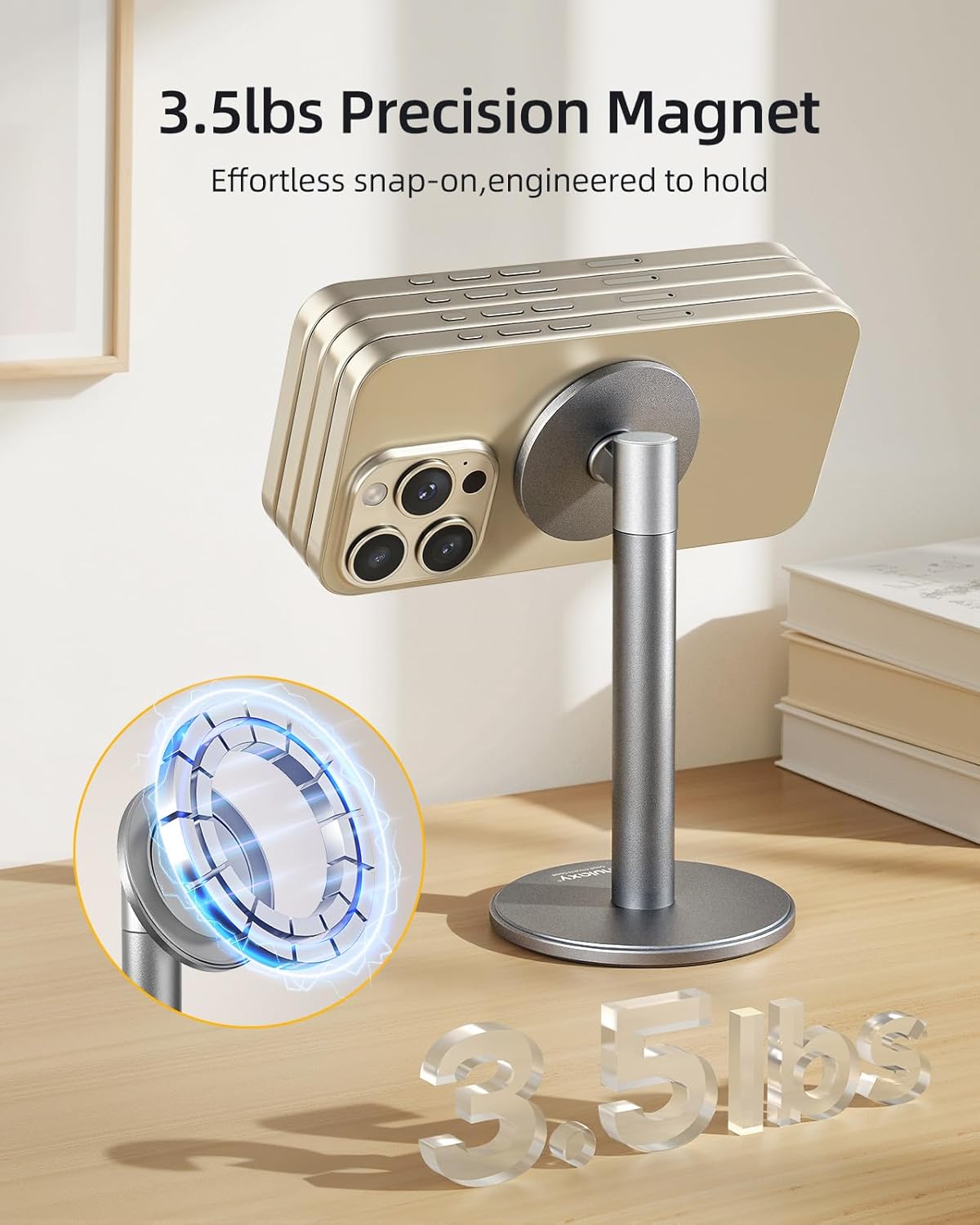 Nulaxy Magnetic Full Aluminum Cell Phone Stand for MagSafe with Metal Ring, 360 Rotating Phone Stand for Desk, Office Desk Accessories, Adjustable Phone Holder Compatible with All Phones, Gray