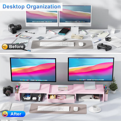 gianotter Dual Monitor Stand Riser, Desk Organizer With Drawer and 2 Pen Holders, Computer Monitor Stand, Shelf for Top of Desk, Black